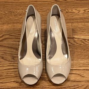 Calvin Klein Peep Toe Heels in Nude Patent Leather